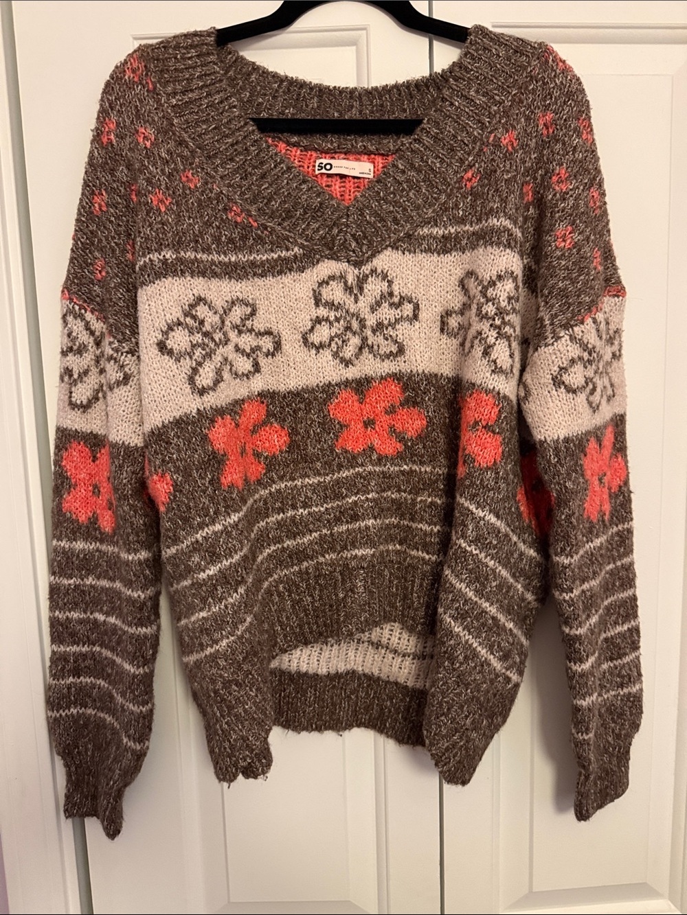 SO Brown V-Neck Sweater with Coral and Cream Floral Accents